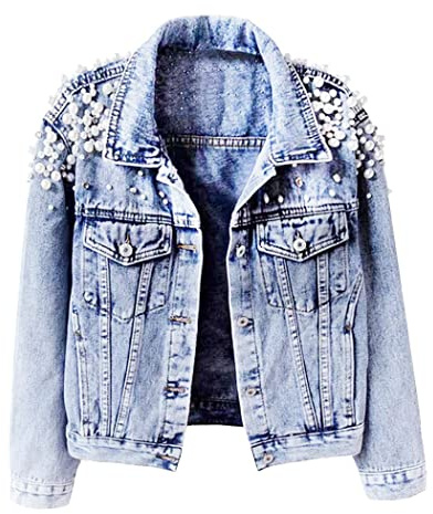 Hixiaohe Damen Jeansjacke Vintage bestickt Nieten Perlen Jeansjacke Kurz Jeansmantel, Hell, blau, S