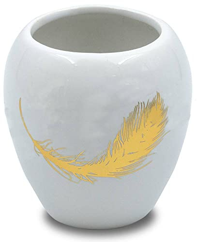 Vetrineinrete® Bicchiere porta spazzolini in ceramica bianca decorato con piuma oro portaspazzolino moderno accessori bagno