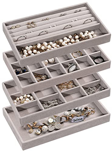 Frebeauty Jewellery Organiser Tray,Stackable Velvet Jewellery Trays,Drawer Inserts Earring Organiser For Women Girls Jewellery Storage Display Case for Rings Stud Necklaces,Set of 4(Grey)
