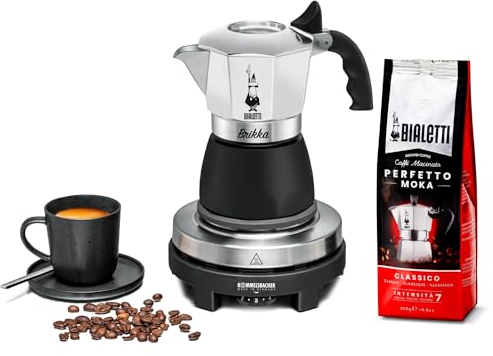 Rommelsbacher Espresso Geschenkset RK 505/K, Mini Kochplatte, 80 mm Ø, stufenlos regelbar, Original Bialetti Moka Kanne, 90 ml, Brühsystem für Crema-Bildung, schwarz/Silber
