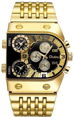 FENKOO Lässige Stahlband-Quarzuhr Multi Time Zone großes Zifferblatt leuchtende Herrenuhr Gold