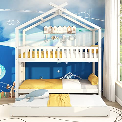 JINTAOMA Etagenbett, Hausbett 90x200 cm, Multifunktionales Schiebebett, rei Betten, Ausziehbar, Platzsparendes Design, Weiß