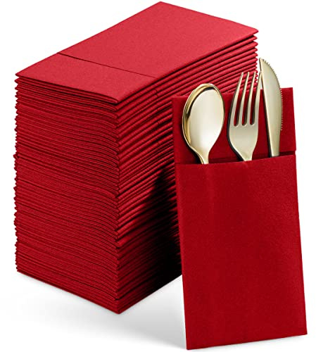 50-pack engångs linnekänsla middagsservetter med inbyggd bestickficka, röd | Dukliknande servetter för silver, elegant bröllopsfest och evenemang, mjuka tjocka absorberande, cateringbordsinställningar