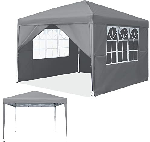 SUBTLETY 3x3m Garten Pavillon Wasserdicht Faltpavillon Set UV-Schutz 50+ Gartenzelt mit 4 Seitenwänden Partyzelt aus Oxford Tuch & Metallrahmen 9㎡ Gartenpavillon für Feste Camping (Silbergrau)