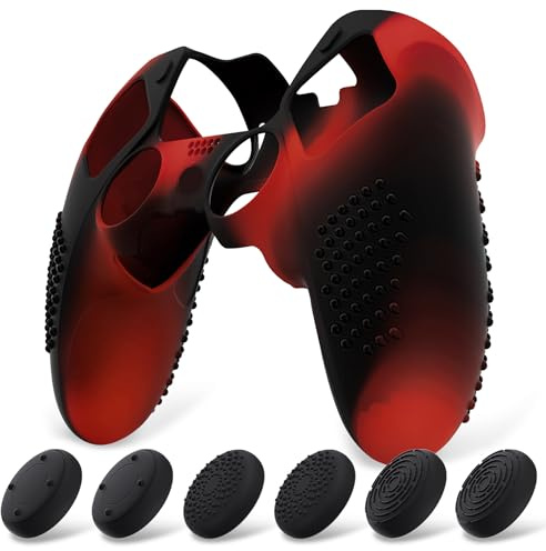 PlayVital Coque Protection pour ps5 Edge Manette,Housse Silicone avec 6 Capuchon Joystick pour ps5 Edge Controller Cover Skin,Anti-Dérapante Accessoire-Rouge & Noir,3D Studded Edition