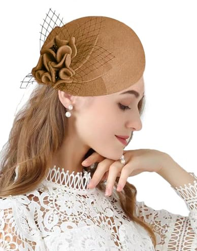 ORIDOOR Pillbox-Hut im britischen Stil für Damen, Kirche, Hochzeit, Winter, Vintage-Fascinator, Baskenmütze aus 100 % Wollfilz mit Schleier, 03a Khaki, Einheitsgröße