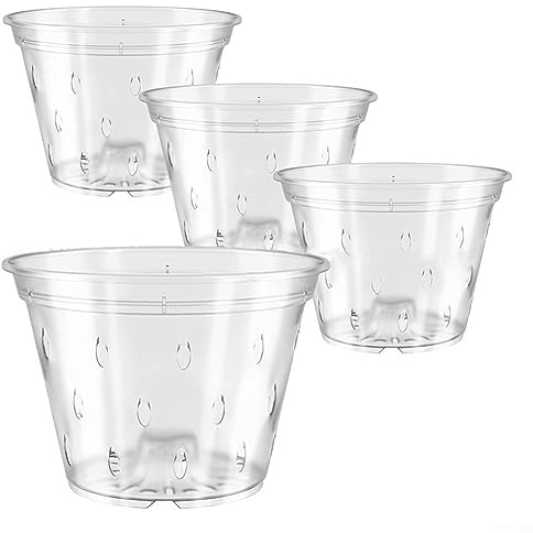 SPORTARC Lot de 5 pots de fleurs avec base, pot d'orchidée transparent avec trous, pots de fleurs en plastique avec contrôle des racines Pot en maille transparente, A