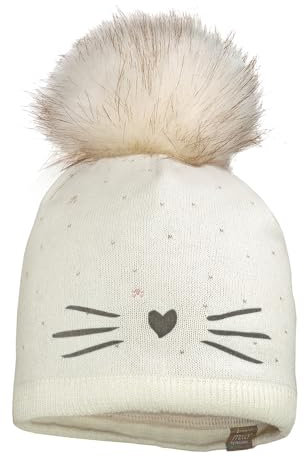 maximo MINI Girl-Beanie, Short, Flockmotiv Schnurrbart, Pompon, Futter Made in Germany