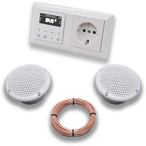 JUNG Smart Radio Unterputzradio DABAWW DAB+ Komplettset JUNG AS 500 System alpinweiß, Komplett-Set mit 2 x Decken Feuchtraumlautsprecher Badezimmer + 20 m Lautsprecherkabel 2x0,75 mm2 + Steckdose