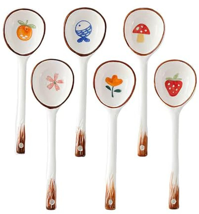 FYUEROPA Ceramic Soup Spoons Set Asian Chinese Japanese Tablespoon for Ramen Pho Wonton Miso - Set of 6