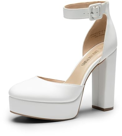 DREAM PAIRS Décolleté con Plateau e Cinturino alla Caviglia Comode Scarpe da Sposa con Tacco e Blocco per Festa,Size 40,Bianco-Pu,SDPU2419W