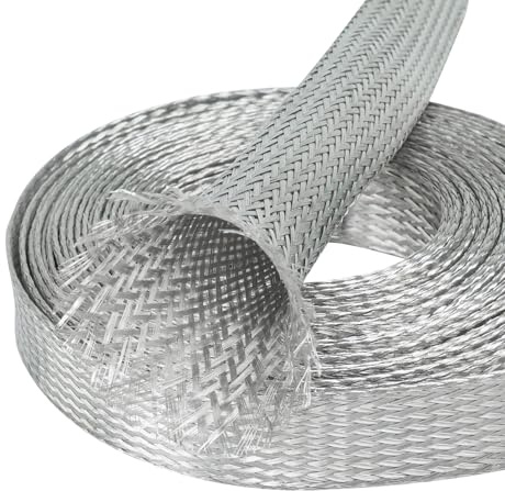 FOURUB Cable Shielding Sleeve Tinned Copper Braided Sleeving Flexible Expandable Metal Ground Straps Wire Harness Protector (11/16-18ft, Silver)