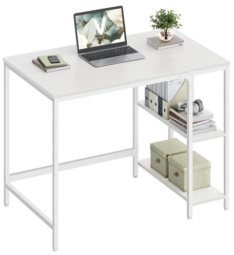 VASAGLE Escritorio con 2 Estantes, Estructura de Acero | Mesa Trabajo, 100 x 50 x 76 cm, Estante Ajustable, para Oficina, Blanco Arce y Blanco Mate, Colección BARNET LWD046W01
