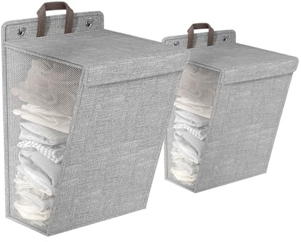 Esoes 2 Pack Wäschekorb Faltbar 60L Wäschesammler, Wäschekorb mit Deckel Griffen, Aufhängbar Wäsche-Organizer Mesh-Design für Badezimmer, Schlafzimmer-Gray(M+L)