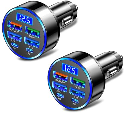 6 Ports Fast Car Charger with Voltage Monitor,Car Cigarette Lighter USB Charger (PD+QC3.0) Compatible with iphone13/14/15 & Most Android Models,Car Must Haves USB C Car Charger (2PCS)