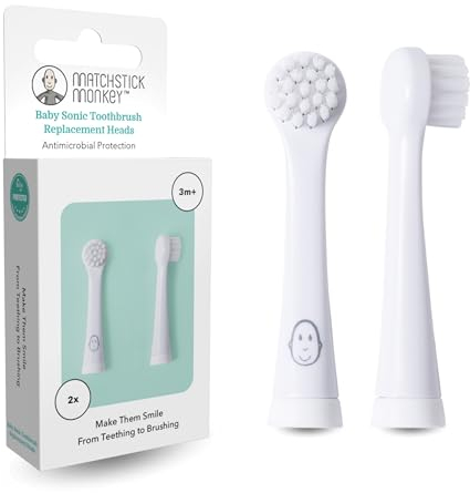 Matchstick Monkey Zahnbürsten Ersatzköpfe (2er Pack) für elektrische Zahnbürste - Sanfte Reinigung für Babys & Kleinkinder - 3-36 Monaten - ultraweiche Borsten & BioCote® Schutz