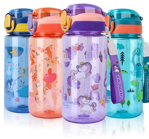 SUPPRUI Trinkflasche Kinder, 600ml Kindertrinkflasche mit Strohhalm, BPA-freie Kinder-Wasserflaschen, Sportwasserflasche mit Auslaufsicherem Flip-Top-Deckel für Mädchen und Jungen(PURPLE Unicorn)