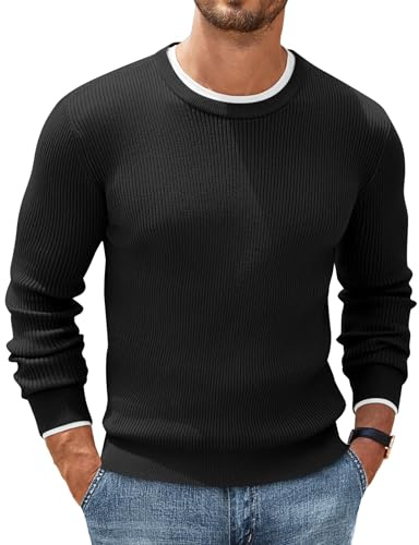 COOFANDY Jersey de punto para hombre con cuello redondo, básico, de punto fino, para negocios, suéter de costilla para hombre, jersey de invierno, Negro , M