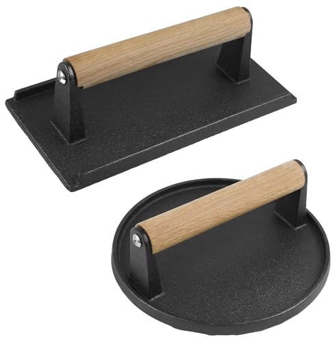 LEFIMOT Presse à hamburger, ronde de 17,8 cm et 21,6 x 12,9 cm rectangulaire robuste en fonte pour steak de viande avec poignée en bois pour grille, sandwich, poêle antiadhésive