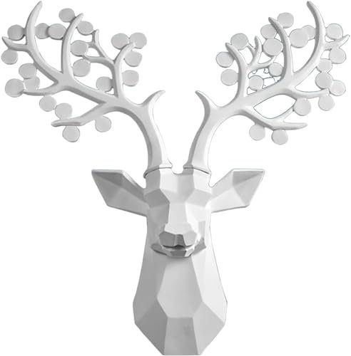 Hirschkopf-Wandskulptur, Tierkopf, Wanddekoration, einzigartige, realistische Wandkunst für Büro, Wohnzimmer, Bar, Wandfigur (Farbe: Weiß, Größe: 58 x 57 x 15 cm)