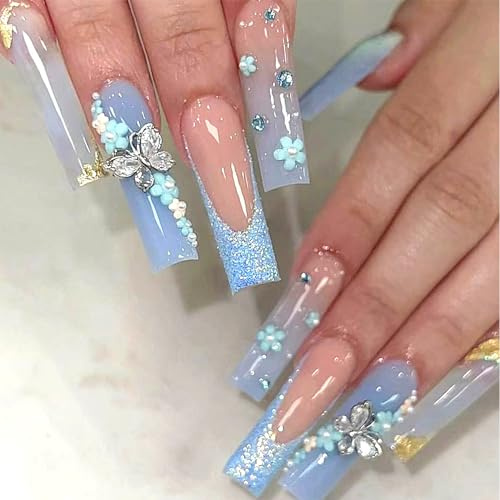 Hebterrka 24 Stück Schmetterlingsblaue künstliche Nägel, quadratisch, französische Nägel zum Aufdrücken, lang, glitzernd, glänzend, Strass, falsche Nagelspitzen