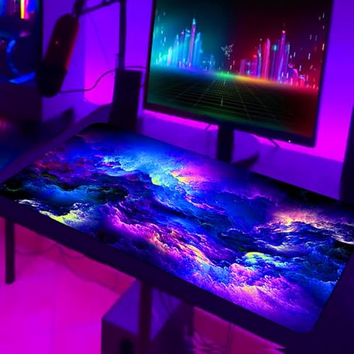 Großes Gaming Mauspad, 800 x 300mm Schreibtischunterlage Fluoreszenz verbessert Geschwindigkeit Präzision Fransenfreie Ränder rutschfest für Kabellose Maus, Laptop, PC-Büro (Wolkenschichten)