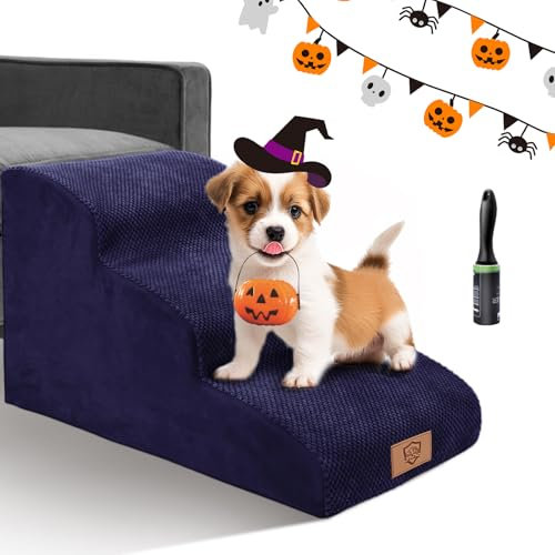Masthome Escalier pour Chiens et Chats 3 Marches, Éponge Haute Densité, Antidérapant, Poignée Portable, Sac à Jouets, Housse Lavable et Imperméable, Bleu