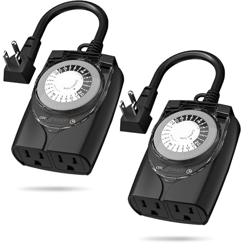 HBN Temporizador de toma de corriente, temporizador mecánico para exteriores de 24 horas para luces, temporizador enchufable, impermeable, 2 salidas de temporizador con conexión a tierra para cadenas