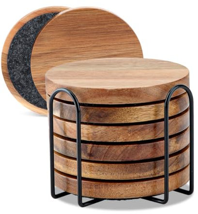 WLWNWFT Untersetzer Gläser Holz 6er Set, Untersetzer aus Akazienholz & Filz mit Halter, Glasuntersetzer Holz Rund für Getränke, Bar, Tassen, Glas