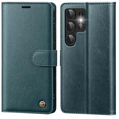 CASBST Handyhülle für Samsung Galaxy S24 Ultra Hülle mit Panzerglas Leder Schutzhülle Klappbar mit Kartenfach Ständer Magnet Handytasche mit RFID Flip Case Klapphülle für Samsung S24 Ultra Blaugrün