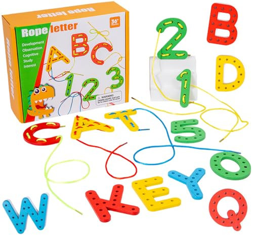XINNIAN Schnür-Alphabet Schnür Nummer,Holzspielzeug Lernspielzeug Fädelspielzeug für 3,4, 5, 6 Jahren Kinder,Spielzeug für Feinmotorik,Buchstabenerkennung und frühe Rechtschreibung
