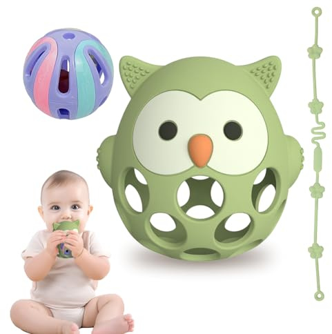 Beißring & Rassel für Babys - Sensorik Spielzeug ab 0 Monate, Zahnungshilfe & Greifball - Geschenk für Jungen & Mädchen（Owl-Green）