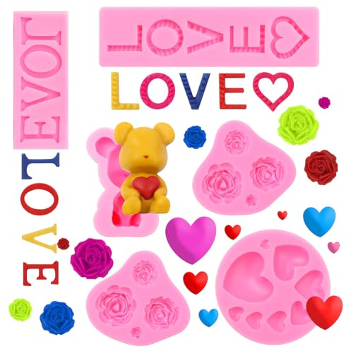 QEEYON Lot de 6 moules en silicone 3D en forme de cœur en forme de cœur, fleur, ours, chocolat, biscuits, glaçons, bonbons gélifiés pour décoration de gâteau et dessert