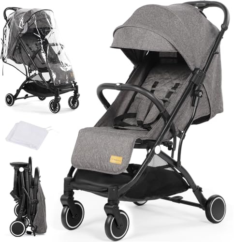 Hello-5ive Baby Pushchair Stroller, One-Hand Foldable Compact Baby Pram with Raincover and Mosquito Net, Travel Buggy with 5-Point Harness for Toddlers from Birth to 15kg (Dark Grey)