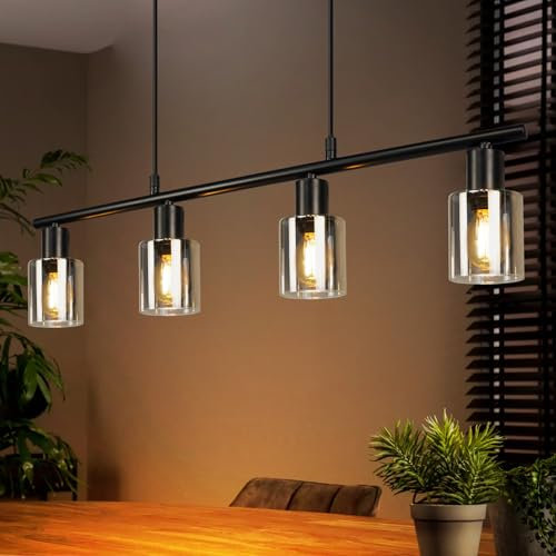 Kowanie Hängelampe 4 flammig Pendelleuchte esstisch - Vintage Esstischlampe hängend Schwarz industrial Hängeleuchte Glas E14 retro Esszimmerlampe Pendellampe für Esszimmer Küche (Ohne Leuchtmittel)