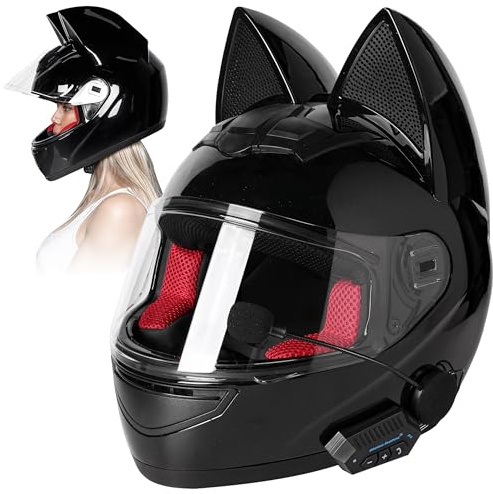 Full Face Kitty Cat Ear Automotive Motorcycle Biker Helmet with Bluetooth | for Moped | Bike | Vespa | Scooter | ATV | Quad | Dirtbike | DOT FMVSS218 Approved and Certified