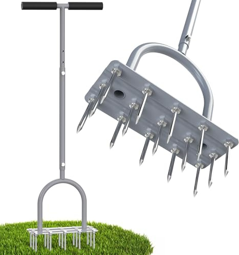Rasenbelüfter Spike Tool - Manueller Grasbelüfter mit 15 Eisen-Spikes, vormontierter Hofbelüfter für Kernbelüftung, Dethatching, robuster T-Griff & breite Fußplatte für Rasen Hof & Garten (Grau)