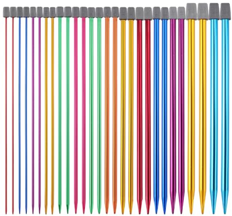 Pixaro 28Pcs Multicolor Aluminium Knitting Needles Set, 25cm/9.8in Straight Metal Pins, 2mm-10mm, Lightweight, Color-Coded, Durable, Great Handling for Beginners, Kids, Arthritic Hands
