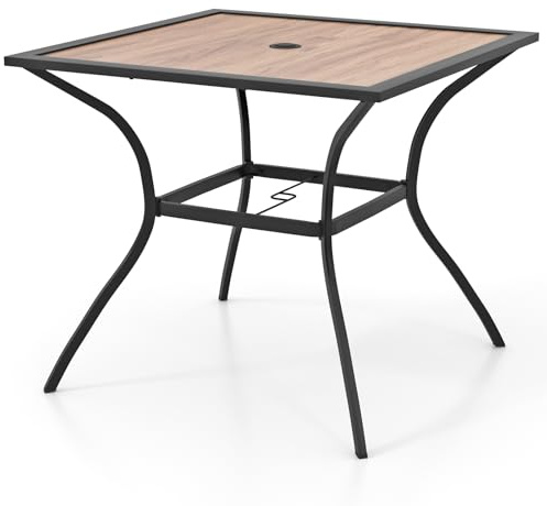 COSTWAY Garden Table with Umbrella Hole, Outdoor Dining Table with Wood-Like Tabletop & Metal Support Legs, Square Bistro Table for Backyard Patio Balcony, 85 x 85 x 74 cm