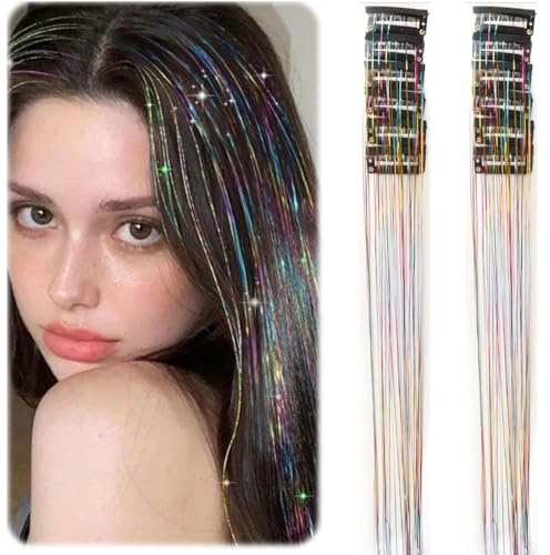 FENQURO 12 Pcs clip in tinsel extension per capelli, extension per capelli tinsel 20 pollici kit di fili di tinsel per capelli scintillanti per ragazze e donne, accessori per capelli abbaglianti