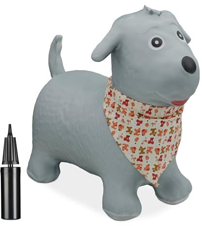 Relaxdays Hüpftier Hund, Springtier, bis 50 kg, BPA frei, für Kinder ab 3 Jahren, mit Halstuch, Luftpumpe, Hopser, grau