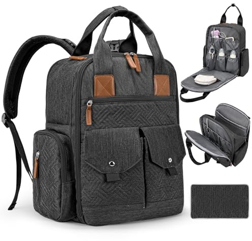 JSTPRO Wickeltasche Rucksack mit Wickelunterlage, Schwarz, Large, Lässiger Wickelrucksack