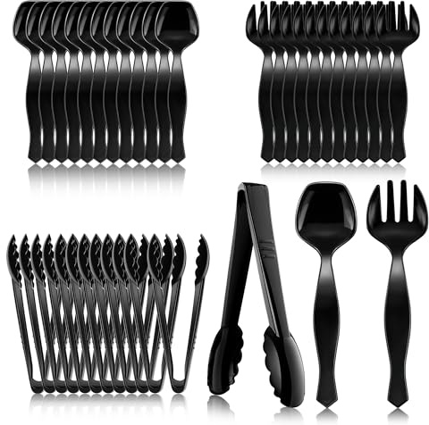 Mwellewm 36Pcs Plastic Serving Utensils Set Large Disposable Serving Spoons Forks Tongs for Serving Food 8.5'' Heavy Duty Black Large Party Utensils Supplies for Buffet Restaurant Dinner Salad Soup
