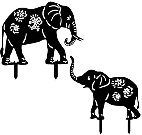 Nchdewui 2 Pcs Metal Elephant Garden Decor, Metal Elephant Garden Metal Stakes, Ground Placard Metal Silhouette, Hollow Garden Animal Ornament, Outdoor Decorative Stake For Lawn Planter (A)
