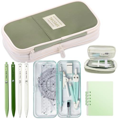 BDHYYM 15 Stück Schulsachen mit Mäppchen, 4 Gelstifte, Druckbleistift, Notizblock Radierer Zirkel Winkelmesser Lineal Set, Federmäppchen für Teenager Mädchen Coole Sachen School Stuff & Büro