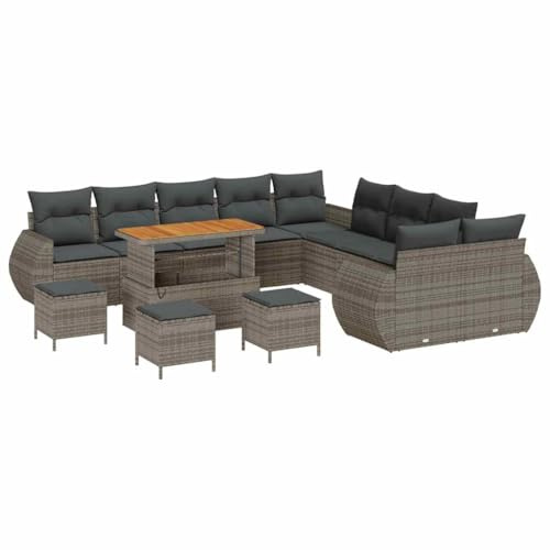 vidaXL 14-delars Trädgårdsoff set med Kuddar Grå Poly Rattan Akacia Utemöbler UV Resistent Sektioner Ingår och Bord Modern Design för Altaner Balkonger Trädgårdar Sektionell Patio Väderbeständig