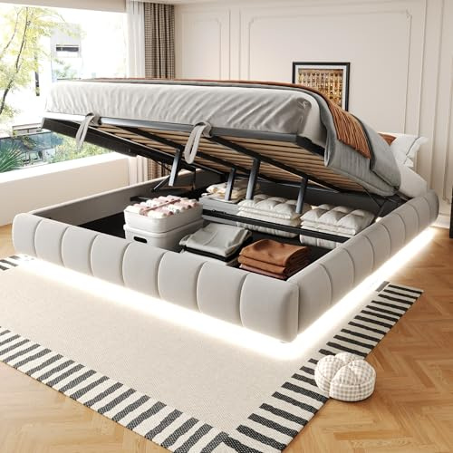 TOBIDOEN Polsterbett 180 x 200 cm mit Bettkasten, ohne Kopfteil, Polsterbetten mit Schwebebettrahmen und Stauraum unter dem Bett, Doppelbett Stauraumbett, Jugendbett Erwachsenenbett, Beige