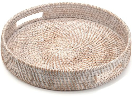 34 cm rund rottingbricka, handvävd serveringsbricka med handtag, pilserveringskorg, dekorativ bricka för heminredning, vit tvätt