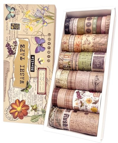 bomichi 32 Rolls Vintage Washi Tape Set Retro Nostalgisk dekorativ tejp med gammaldags frimärken blommönster för scrapbooking journaling gör-det-själv hantverk skräpdagbok tillbehör