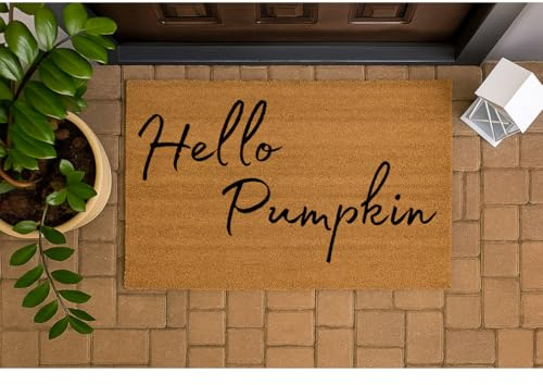 Trendi Coir Door Mat 60 x 40cm – Natural Coconut Fibre Doormat for Indoor & Outdoor Use – Non Slip PVC Backing – Entryway Dirt Trapper Rug – Heavy Duty Front Door Mat (Hello Pumpkin)